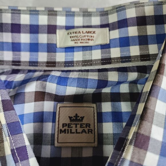 Peter Millar Mens XL Crown Sport Long Sleeve Button Down Tattersall Blue Brown - Picture 4 of 11